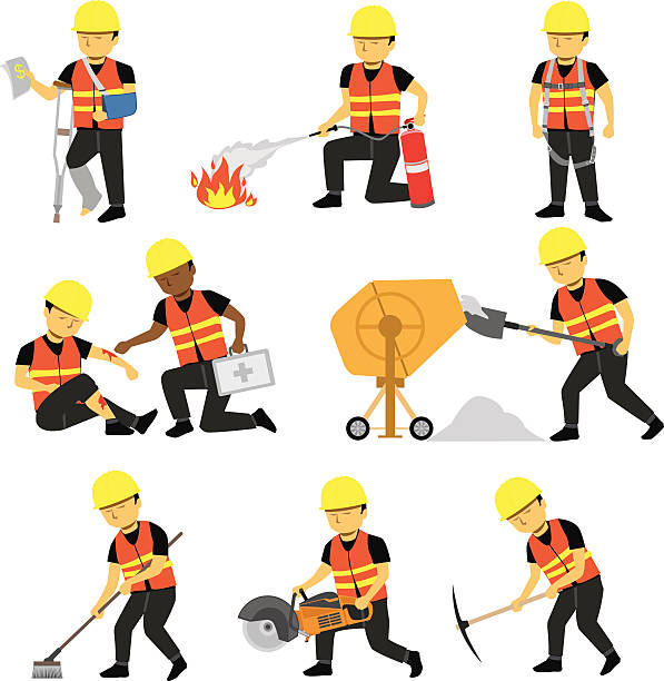 Construction Engineer Worker Builder Set Three Various construction worker posing in colors. arm sling stock illustrations