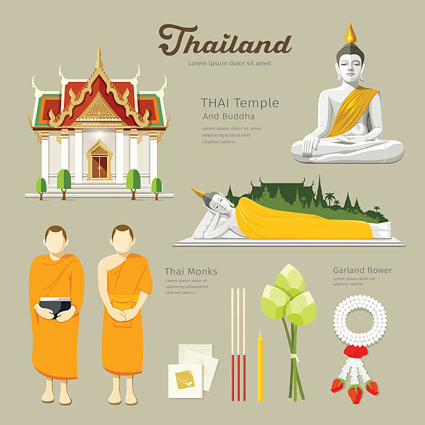 illustrazioni stock, clip art, cartoni animati e icone di tendenza di tempio del buddha tailandes'e con buddisti in tailandia - holy man immagine