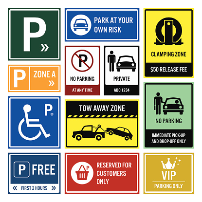 A set of signboards representing car park symbols, such as park at your own risk, clamping zone, handicap parking, no parking, tow away zone, free parking, and reserved parking for customers and VIPS.
