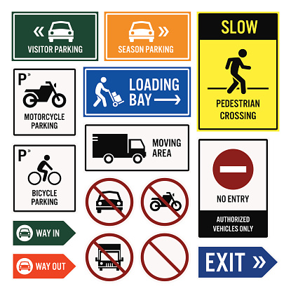 A set of signboards for parking compound area. They are visitor and seasonal car parks, slow down for pedestrians, loading bay, motorcycle and bicycle parking area, forbidden, and exit signs.