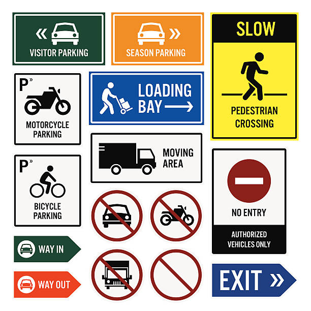 Parking Area Compound Signs Signboards A set of signboards for parking compound area. They are visitor and seasonal car parks, slow down for pedestrians, loading bay, motorcycle and bicycle parking area, forbidden, and exit signs. walk slowly stock illustrations