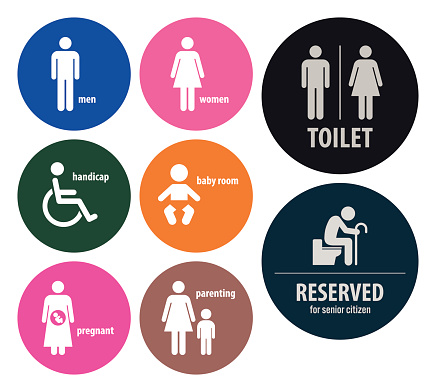 A set of toilet sign and symbols. They are men and women sign, handicap, baby room, pregnancy, parent with child, and reserved toilet for senior citizen (old folks).