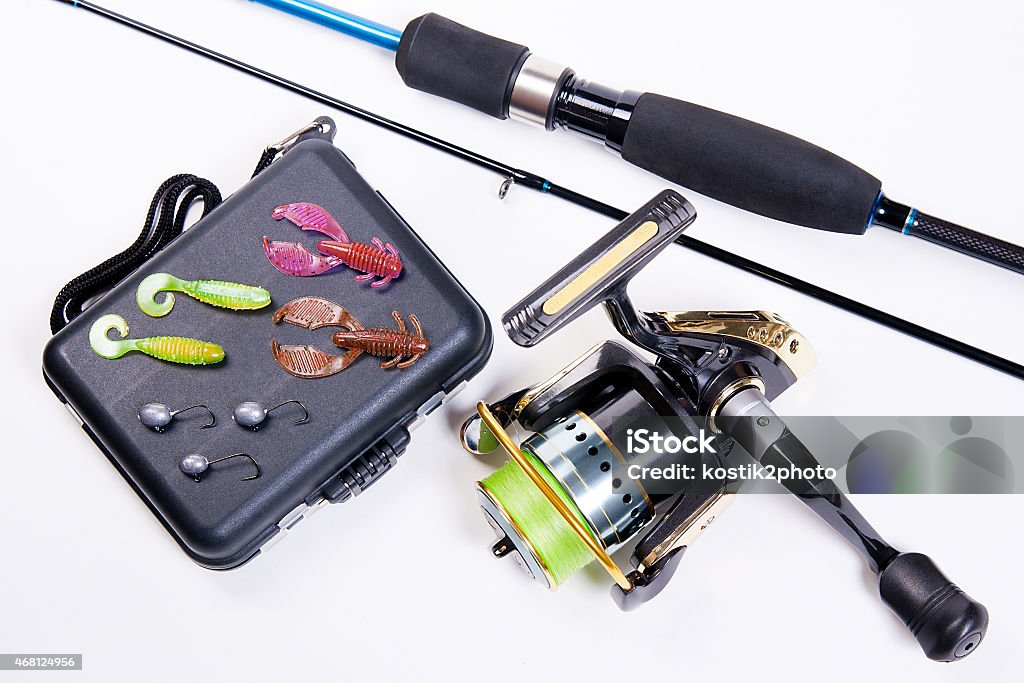 Fishing Rod And Reel With Box For Baits On White Stock Photo - Download  Image Now - 2015, Animals Hunting, Aquatic Sport - iStock