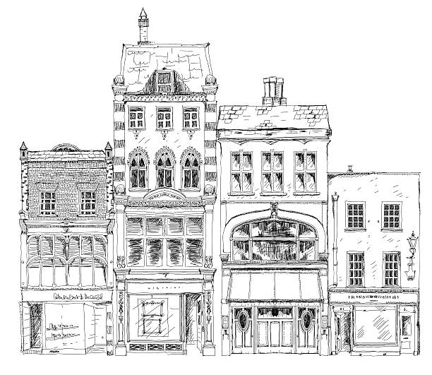 old english タウンハウスボンドストリート、ロンドンに入ります。スケッチコレクション - looking through window individuality old architecture点のイラスト素材／クリップアート素材／マンガ素材／アイコン素材