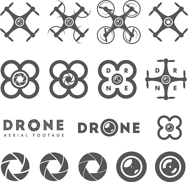 Set of aerial drone footage emblems and icons Set of aerial drone footage emblems and icons. Remote controlled air drones in various designs, shutter icons, lens icons. drone stock illustrations