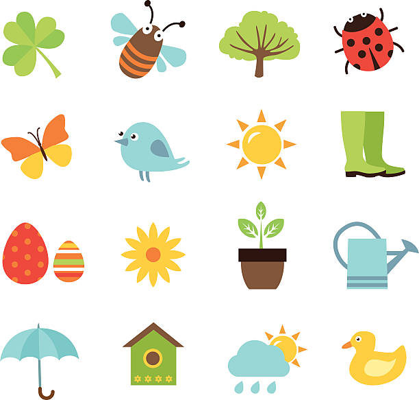 Set of 16 Spring icons on the white background  Collection of vector icons representing spring, nature and gardening. bee water stock illustrations