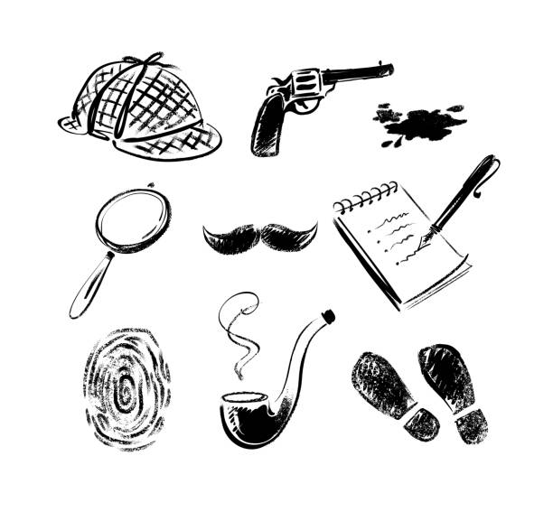 ilustraciones, imágenes clip art, dibujos animados e iconos de stock de detective sketch icons. - detective inspector forensic science searching