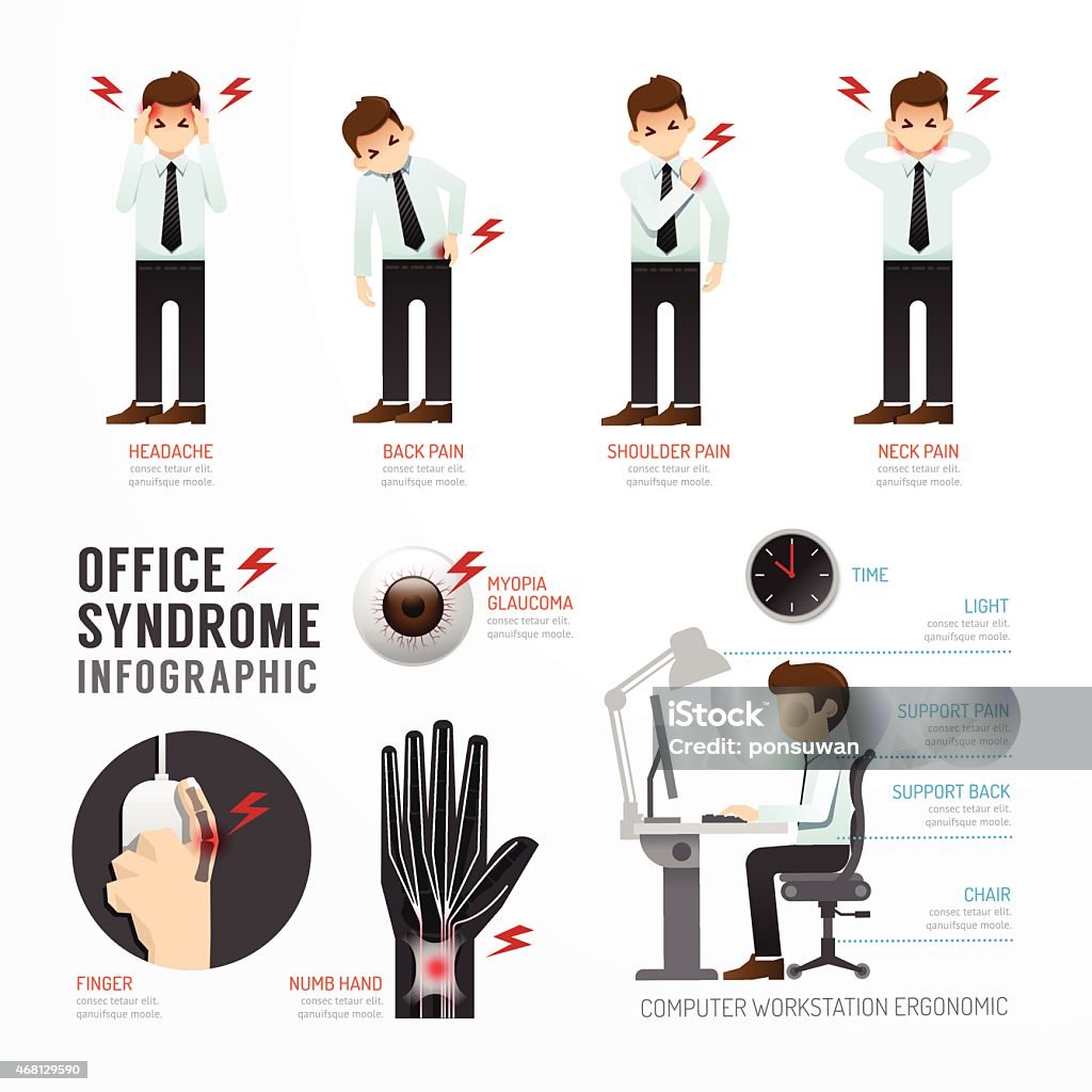 Infografik office-Syndrom Template-Design.   Konzept-Vektorgrafik - Lizenzfrei Nackenschmerzen Vektorgrafik