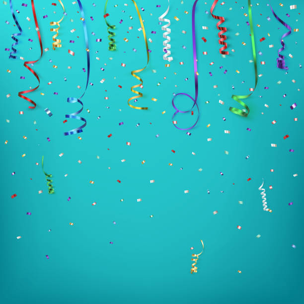 istock Celebration background template with confetti and colorful ribbons 468129866