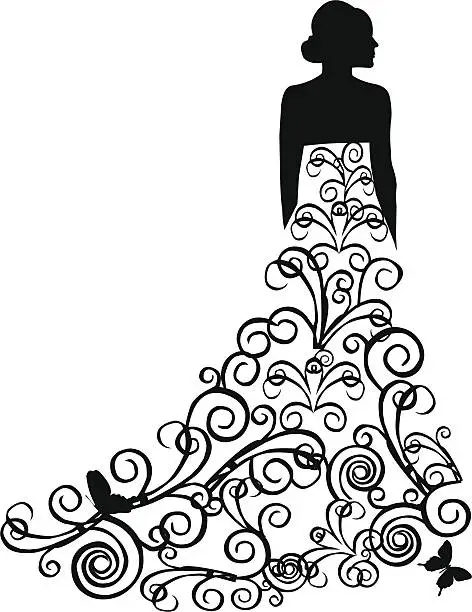 Vector illustration of Beautiful bride in dress with swirls