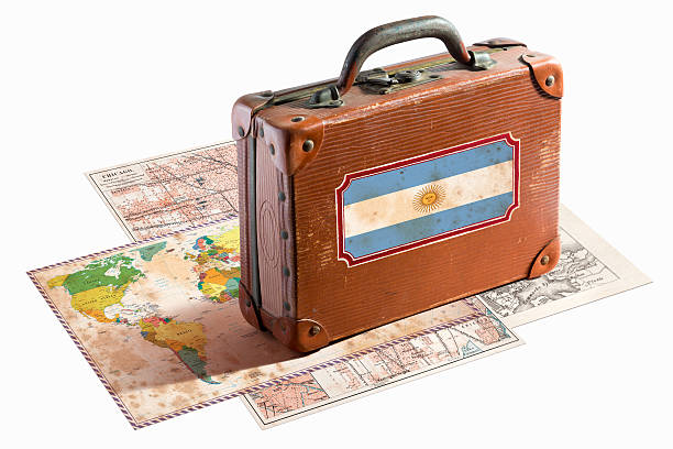 istock Antique leather suitcase with Argentina flag on maps 468134745