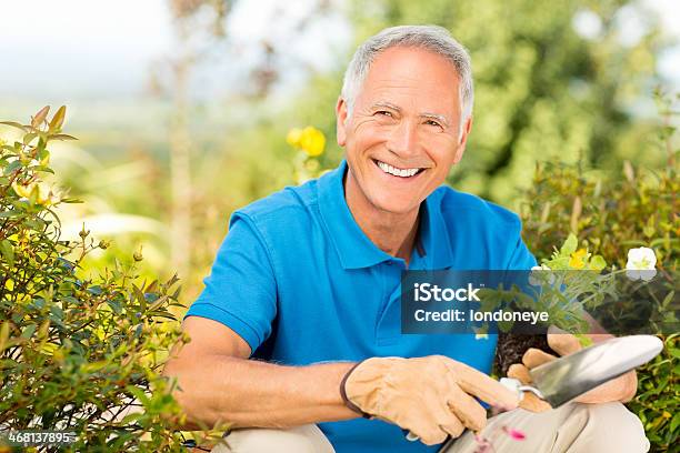 Alter Mann Hält Eine Kellehandwerk Und Garten Und Schössling Im Garten Stockfoto und mehr Bilder von 60-69 Jahre