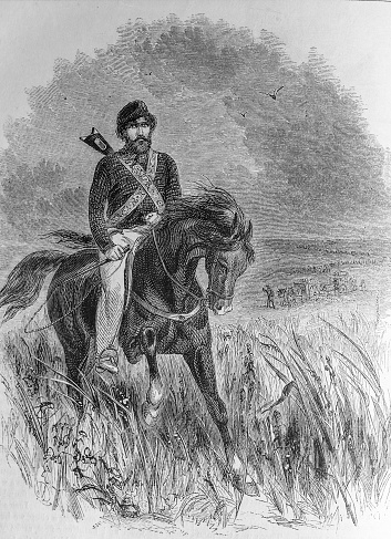 With a riding crop in his right hand and a rifle slung over his back, a bearded guide on a spirited black horse leads a group of settlers and their ox carts across the prairie near the Red River in Minnesota and North Dakota. Illustration from a August 1860 issue of Harper's new Monthly Magazine.