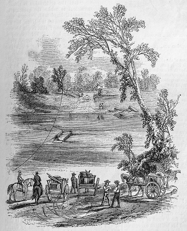 Two men chat on the banks of the Rum River in Minnesota while another stands by his cart and two others remain on horseback as they await their turn to board the primative ferry  to cross the river.  Illustration from a August 1860 issue of Harper's new Monthly Magazine.