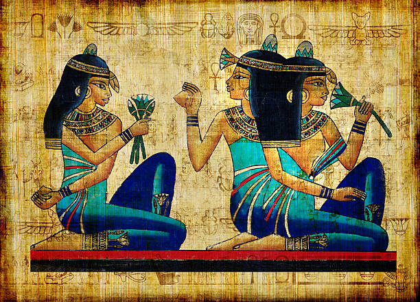 Beautiful Egyptian Papyrus egyptian papyrus -Three Girls Holding A Lotus Flower. ancient egypt stock pictures, royalty-free photos & images