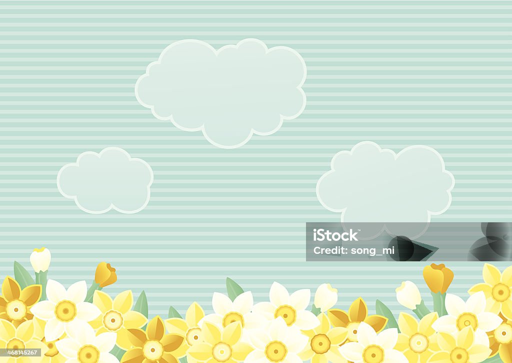 Spring floral background Many spring flowers, sky and  clouds with place for your text. Cartoon stock vector