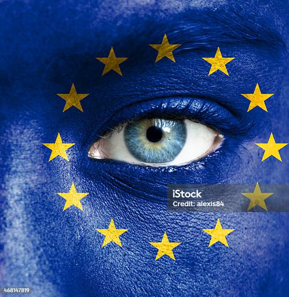 Human Face Painted With Flag Of European Union Stock Photo - Download Image Now - Adult, Adults Only, Ceremonial Make-Up