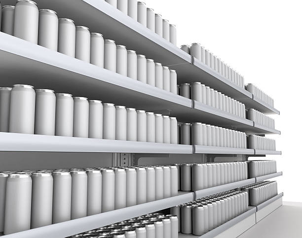 shelves with silver cans triple set of shelves full of silver cans in the supermarket grocery shelf cans stock pictures, royalty-free photos & images
