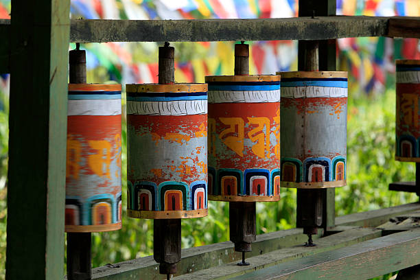 Prayer wheels at Khecheopalri Lake, Sikkim, India stock photo