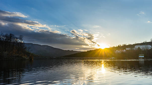 Sunset over the lake stock photo