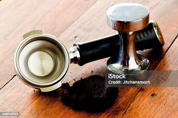 Coffee Filter Holder And Tamper On Wood Table Stock Photo - Download Image Now - 2015, Appliance, Aromatherapy