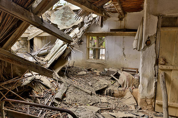 istock Derelict house with collapsed roof 468153727