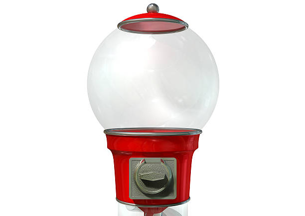 Gumball Dispensing Machine Empty A regular empty red vintage gumball dispenser machine made of glass and reflective plastic with chrome trim on an isolated white background gumball machine stock pictures, royalty-free photos & images