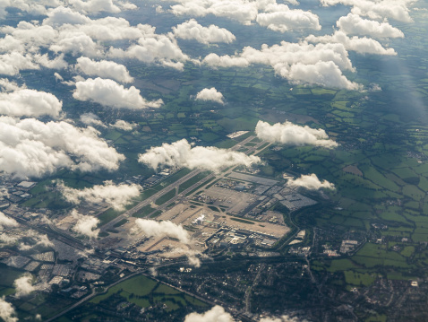 Gatwick Airport, seen from the air. Gatwick, West sussex, England.