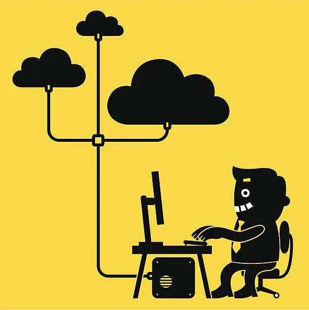 Vector illustration of Working on Cloud Computing | Yellow Business Concept