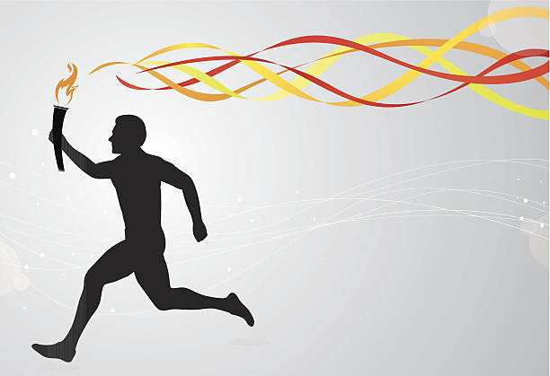 Runner with torch and colourful ribbons Runner with torch and colourful ribbons. EPS10. This illustration contains transparent and blending mode objects. All design elements are layered and grouped. Can be modified easily. sport torch stock illustrations