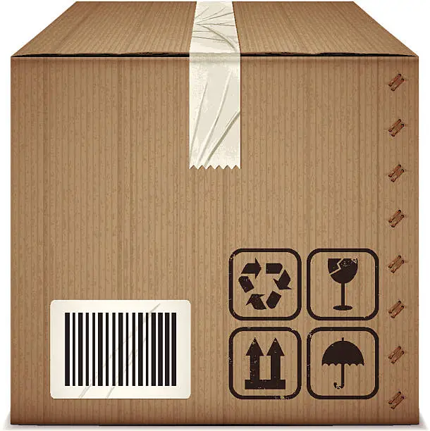 Vector illustration of cardboard box with adhesive tape and packaging icons