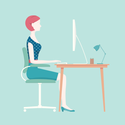 Proper posture for sitting at an office desk. Diagram shows a woman typing at her desk. This is an editable EPS 10 vector illustration. Download includes a high resolution JPEG.