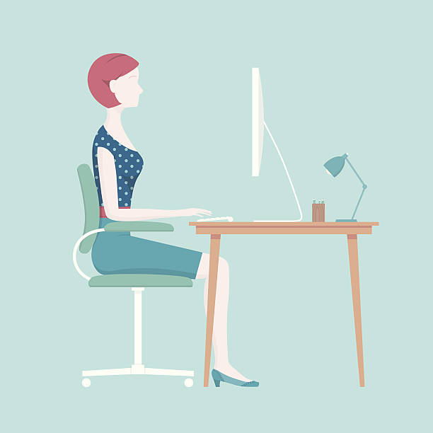 Proper Sitting Posture Proper posture for sitting at an office desk. Diagram shows a woman typing at her desk. This is an editable EPS 10 vector illustration. Download includes a high resolution JPEG. good posture stock illustrations