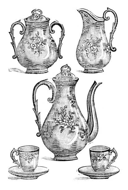 Victorian Tea Set Victorian Tea Set, 1900 sugar bowl crockery stock illustrations