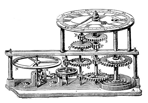 antyczne ilustracja przedstawiająca zegara mechanizm - engraved image gear old fashioned machine part stock illustrations