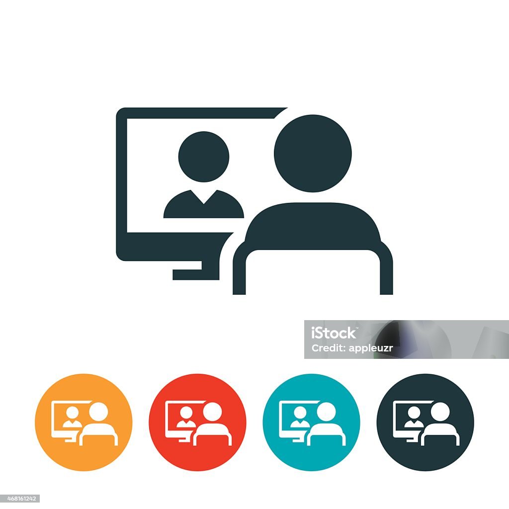 Webinar Icon A person on the computer giving a webinar presentation to another person. The person presenting is shown on the computer screen while the person attending the event sits in a chair. Web Conference stock vector