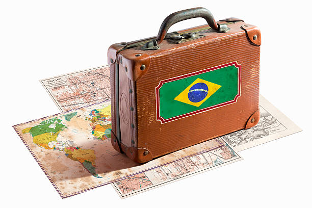 istock Antique leather suitcase with Brazil flag on maps 468161639