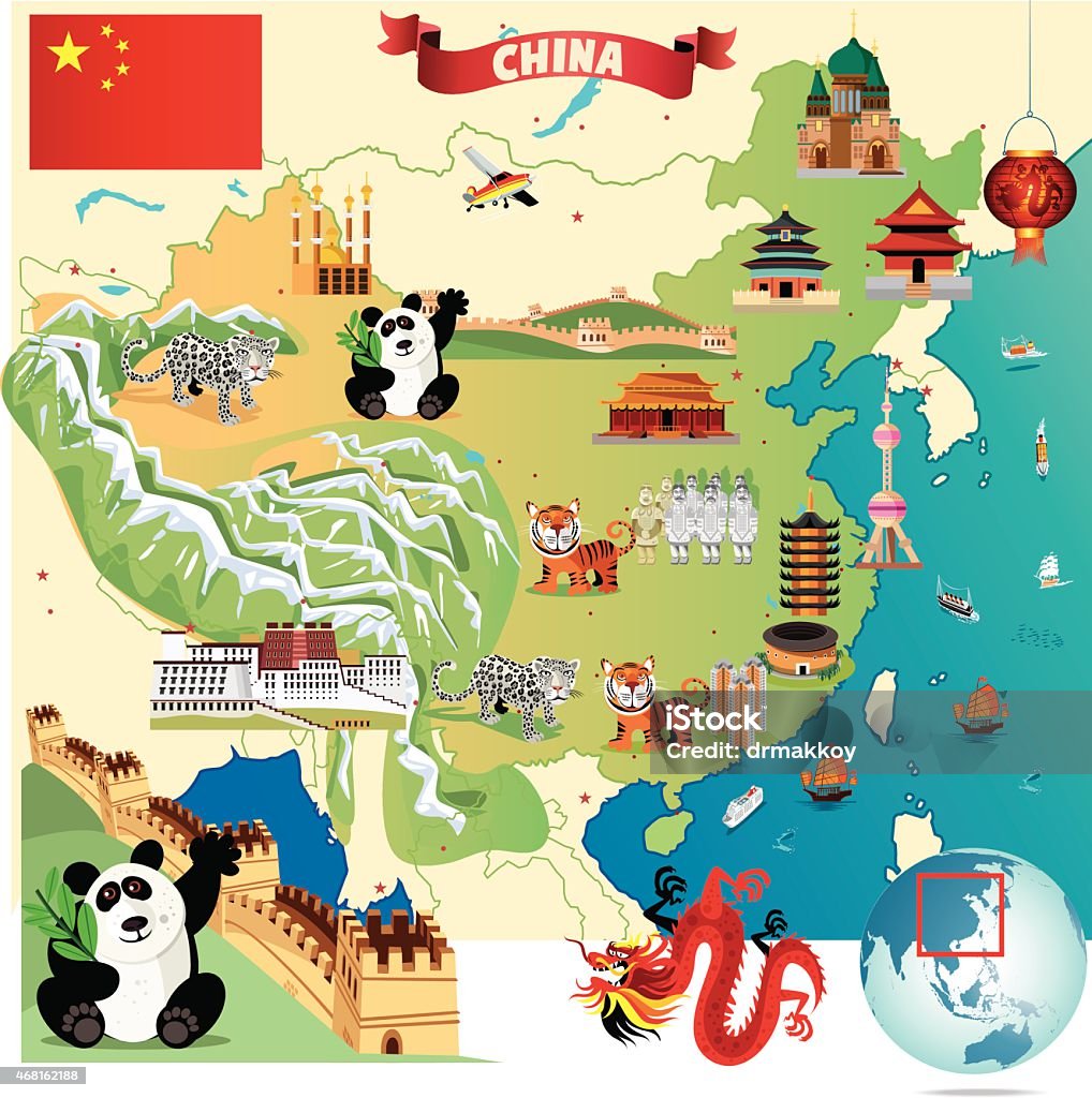 Cartoon illustration of China with dragon, tigers and pandas - Royalty-free Hongkong vectorkunst