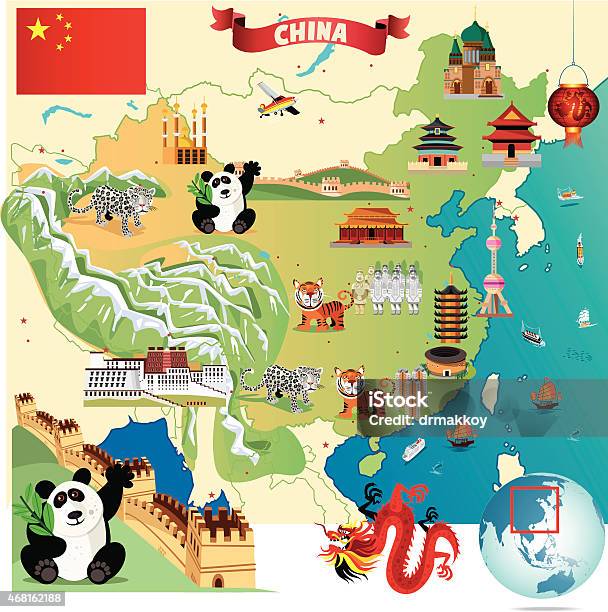 Cartoon Illustration Of China With Dragon Tigers And Pandas Stockvectorkunst en meer beelden van Hongkong