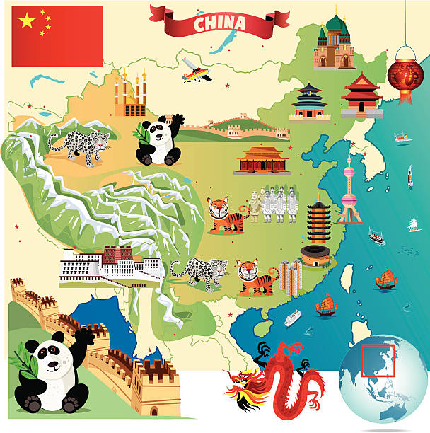 Cartoon illustration of China with dragon, tigers and pandas Cartoon map of China shenyang stock illustrations