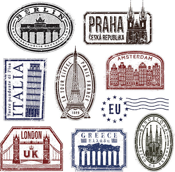 Europe travel rubber stamps European travel rubber stamps. city gate stock illustrations