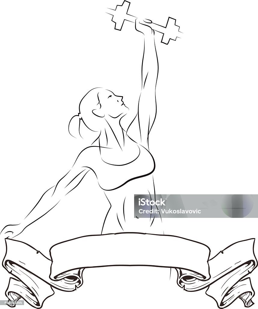 Girl holding weights. Fit girl holding weights over blank banner. Vector illustration. Cross Training stock vector