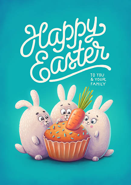 Happy easter greeting card. Illustration of rabbits and cake
