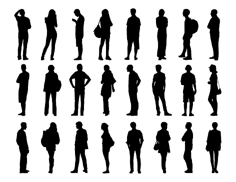 big set of black silhouettes of men and women of different ages standing in different postures, face, profile and back views
