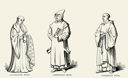 Vintage engraving of Medieval Monks from the Benedictine, Carthusian and Cistercian orders.