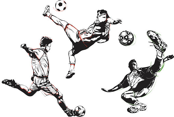 ilustraciones, imágenes clip art, dibujos animados e iconos de stock de fútbol trio - volley kick