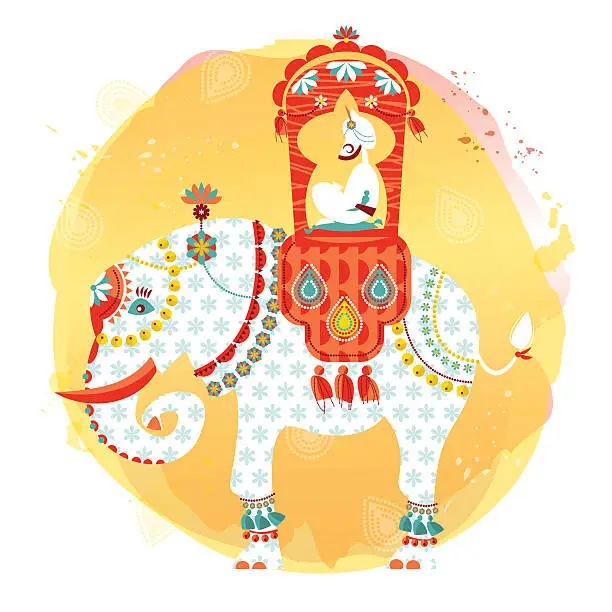 Vector illustration of Decorated indian elephant with maharaja on a back.