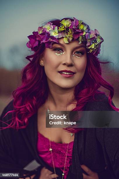 Beautiful Woman With Pink Hair And Flower Garland Stock Photo - Download Image Now - 18-19 Years, 2015, Adult