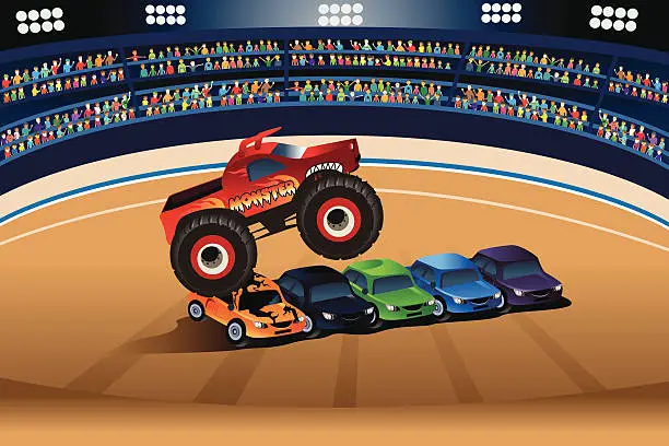 Vector illustration of Monster truck jumping on cars