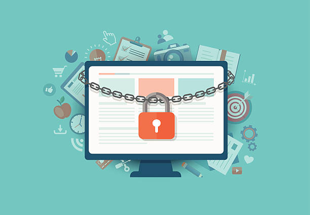 stockillustraties, clipart, cartoons en iconen met flat illustration of security center. lock with chain around lap - data protection